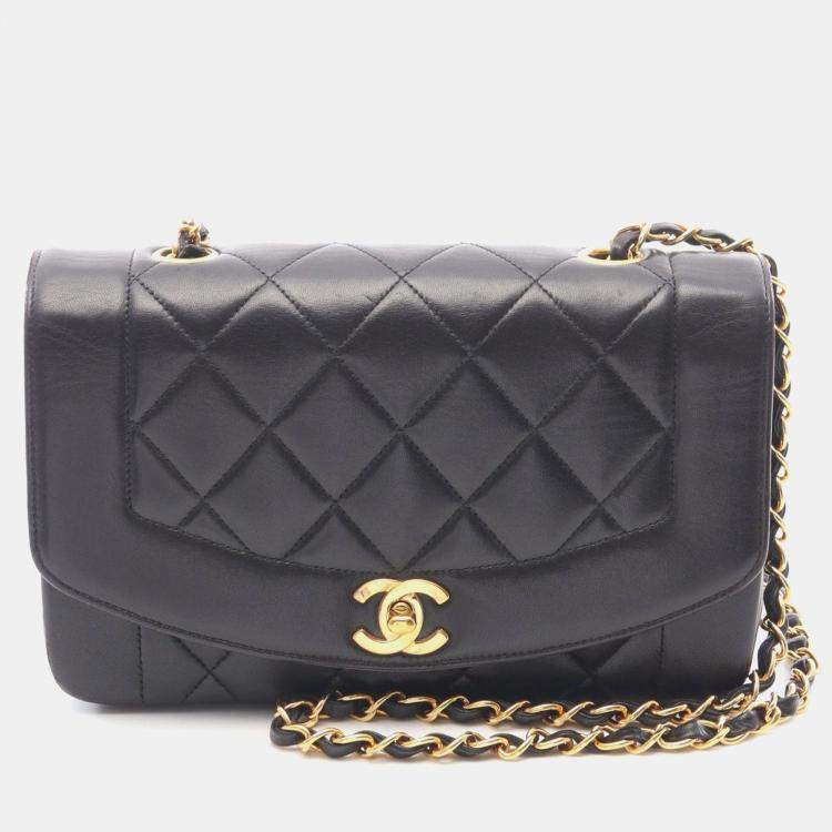 Pre Owned Chanel Matelasse Diana Flap Black Lambskin Chain Shoulder Bag