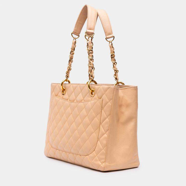 Pre Owned Chanel Beige Brown Caviar Grand Shopping Tote