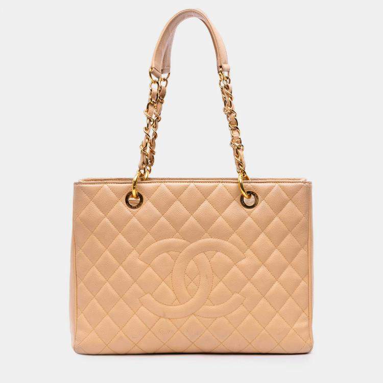 Pre Owned Chanel Beige Brown Caviar Grand Shopping Tote