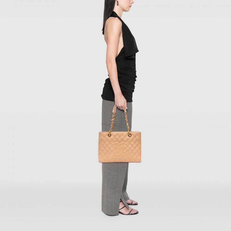 Pre Owned Chanel Beige Brown Caviar Grand Shopping Tote