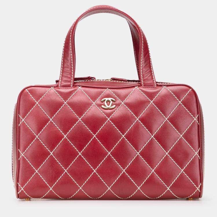 Pre Owned Chanel Red CC Lambskin Wild Stitch Handbag