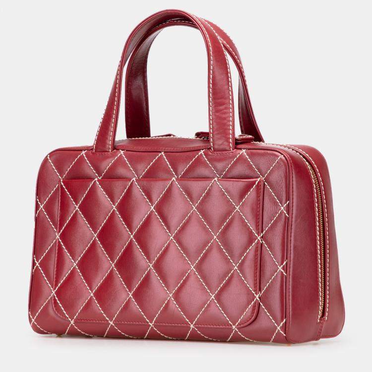 Pre Owned Chanel Red CC Lambskin Wild Stitch Handbag