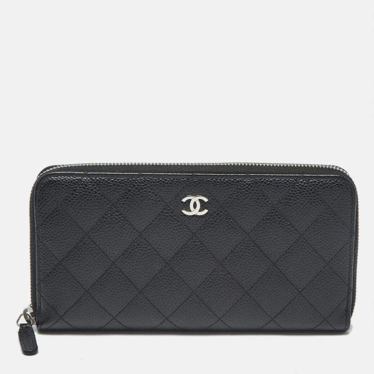 Pre Owned Chanel Black Quilted Caviar Leather CC Zip Around Wallet