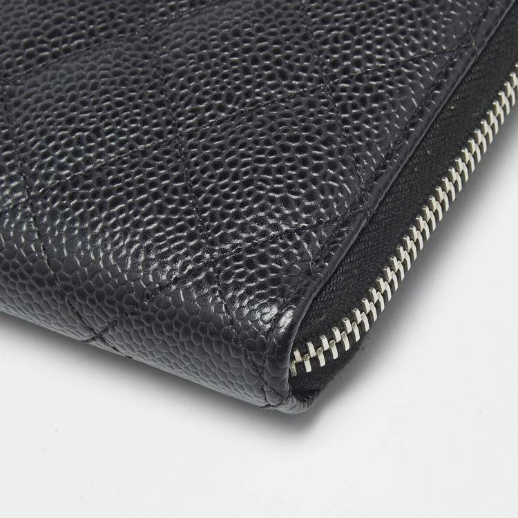 Pre Owned Chanel Black Quilted Caviar Leather CC Zip Around Wallet
