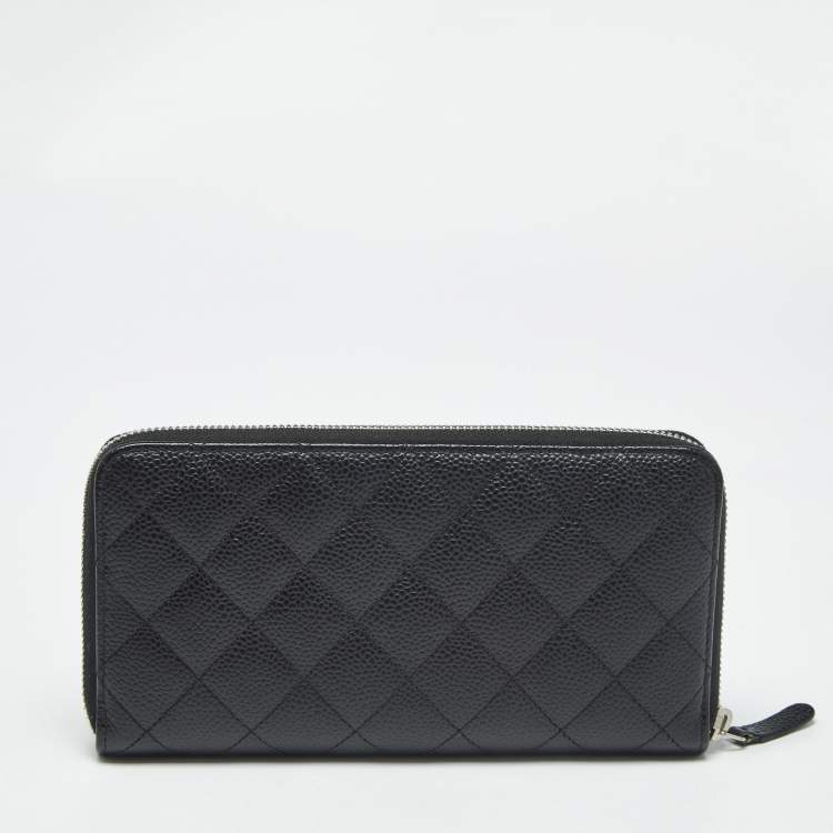 Pre Owned Chanel Black Quilted Caviar Leather CC Zip Around Wallet