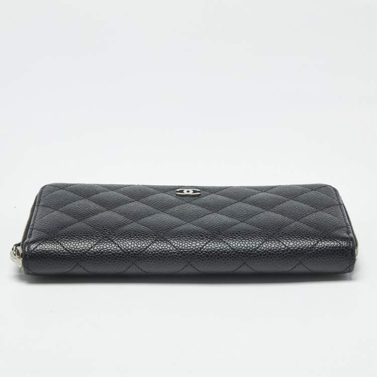 Pre Owned Chanel Black Quilted Caviar Leather CC Zip Around Wallet