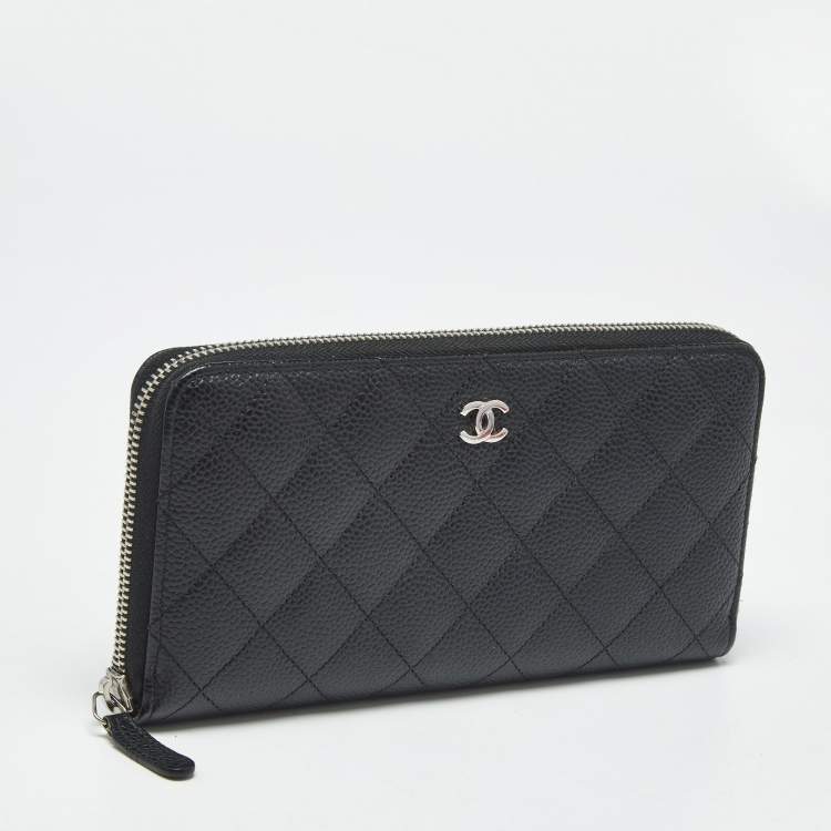 Pre Owned Chanel Black Quilted Caviar Leather CC Zip Around Wallet