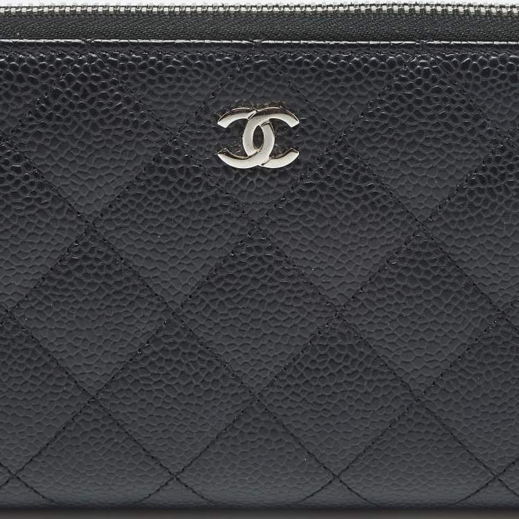 Pre Owned Chanel Black Quilted Caviar Leather CC Zip Around Wallet