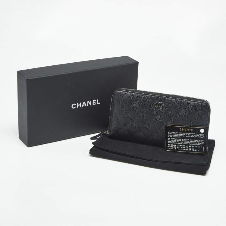 Pre Owned Chanel Black Quilted Caviar Leather CC Zip Around Wallet
