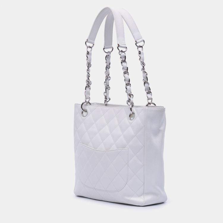 Pre Owned Chanel White Caviar Petite Shopping Tote