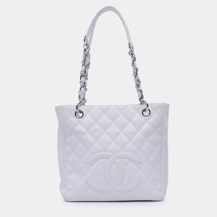 Pre Owned Chanel White Caviar Petite Shopping Tote