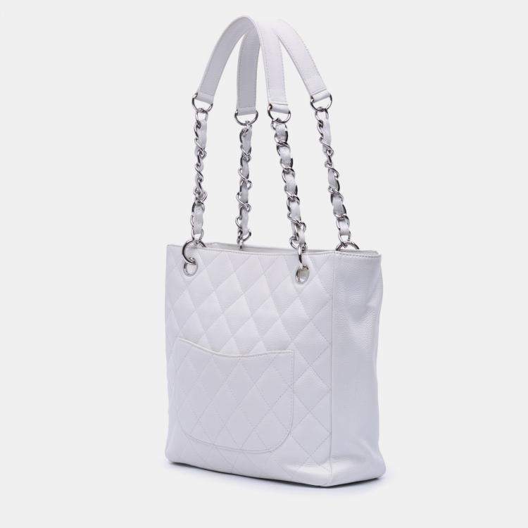 Pre Owned Chanel White Caviar Petite Shopping Tote