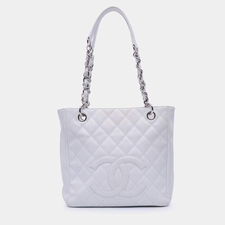 Pre Owned Chanel White Caviar Petite Shopping Tote