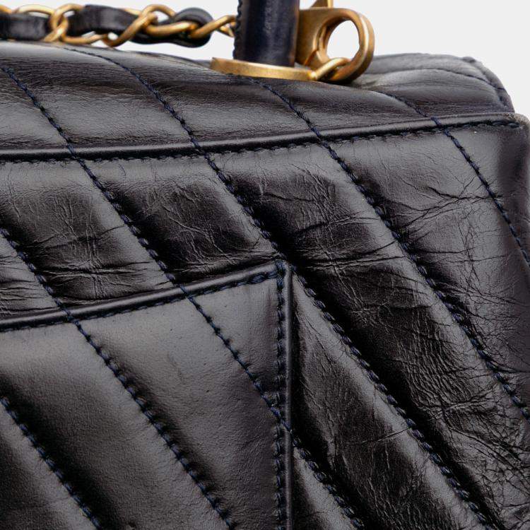 Pre Owned Chanel Black Medium Chevron Aged Calfskin Coco Top Handle Bag