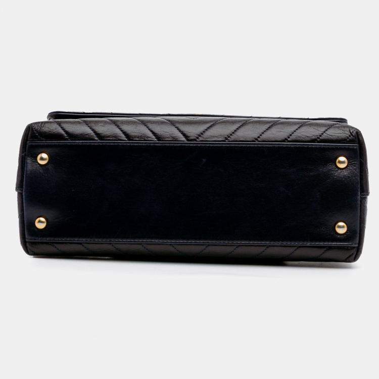 Pre Owned Chanel Black Medium Chevron Aged Calfskin Coco Top Handle Bag