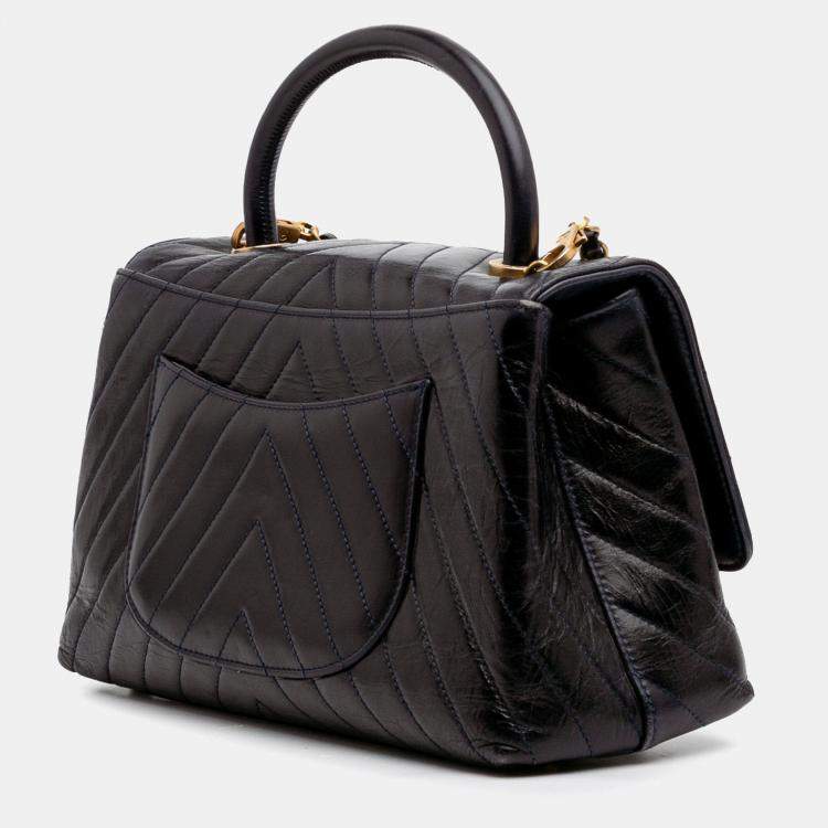 Pre Owned Chanel Black Medium Chevron Aged Calfskin Coco Top Handle Bag