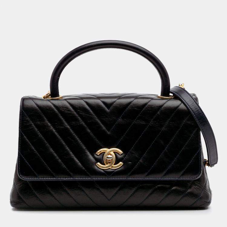 Pre Owned Chanel Black Medium Chevron Aged Calfskin Coco Top Handle Bag
