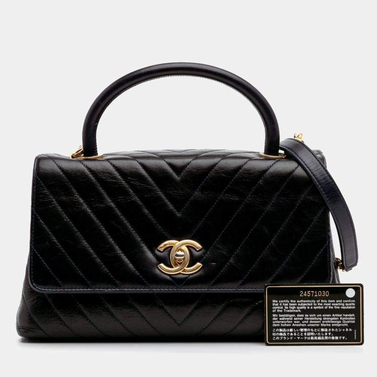 Pre Owned Chanel Black Medium Chevron Aged Calfskin Coco Top Handle Bag