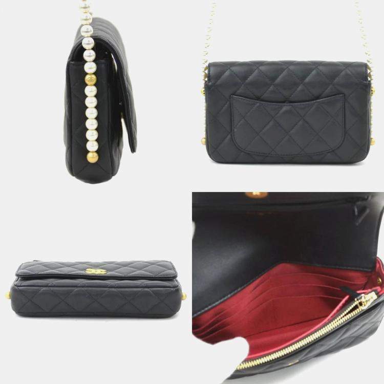 Pre Owned Chanel Classic Black Faux Pearl Wallet on Chain