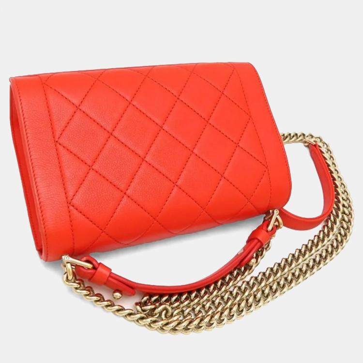 Pre Owned Chanel Click Orange Calf Leather Chain Shoulder Bag