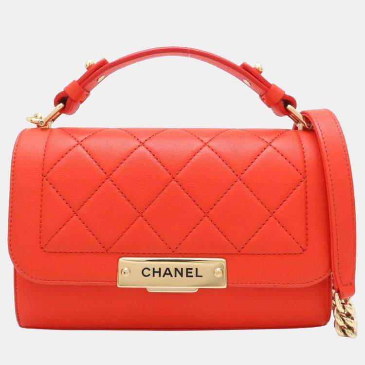 Pre Owned Chanel Click Orange Calf Leather Chain Shoulder Bag