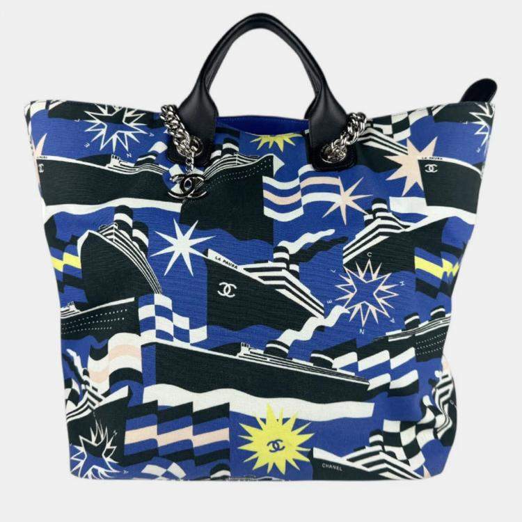 Pre Owned Chanel Cruise Collection Blue Black White Canvas Leather Shoulder Bag