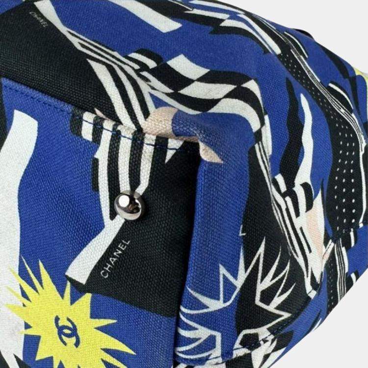 Pre Owned Chanel Cruise Collection Blue Black White Canvas Leather Shoulder Bag