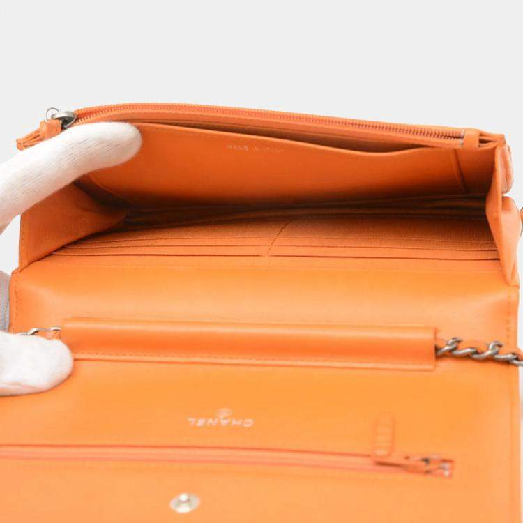 Pre Owned Chanel Boy Orange Lambskin Wallet on Chain