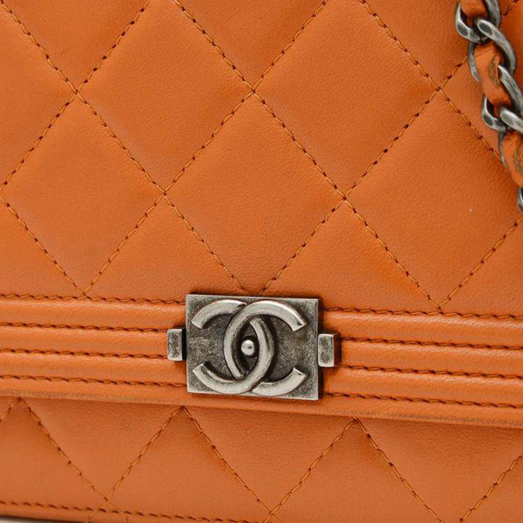 Pre Owned Chanel Boy Orange Lambskin Wallet on Chain