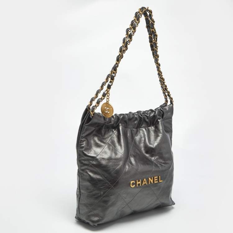 Pre Owned Chanel Metallic Grey Quilted Leather Small 22 Bag
