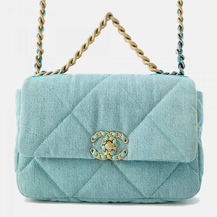 Pre Owned Chanel 19 Turquoise Blue Denim Chain Shoulder Bag