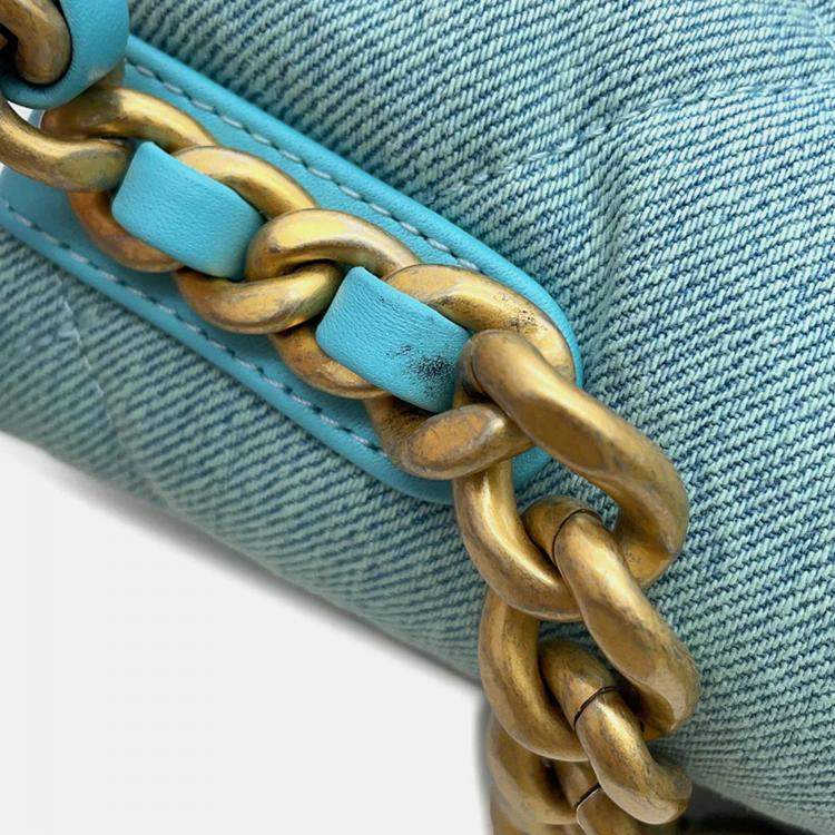 Pre Owned Chanel 19 Turquoise Blue Denim Chain Shoulder Bag