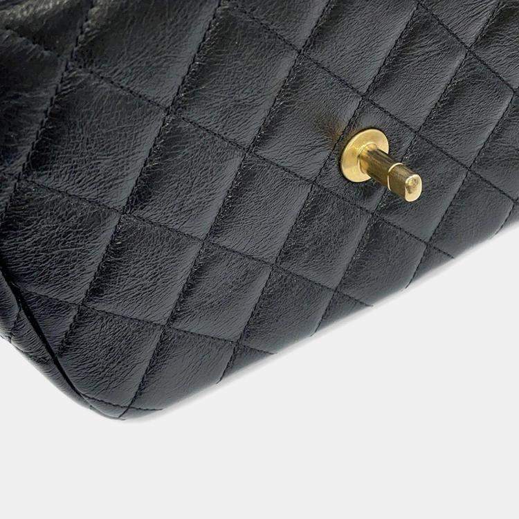 Pre Owned Chanel Matelasse Pearl Chain Black Shiny Calf Leather Shoulder Bag
