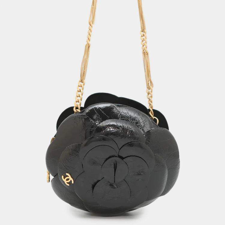 Pre Owned Chanel Camellia Evening Black Shiny Aged Calf Leather Chain Shoulder Bag