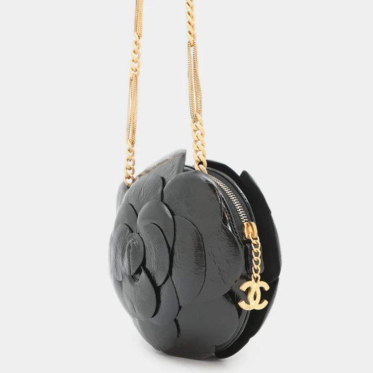 Pre Owned Chanel Camellia Evening Black Shiny Aged Calf Leather Chain Shoulder Bag