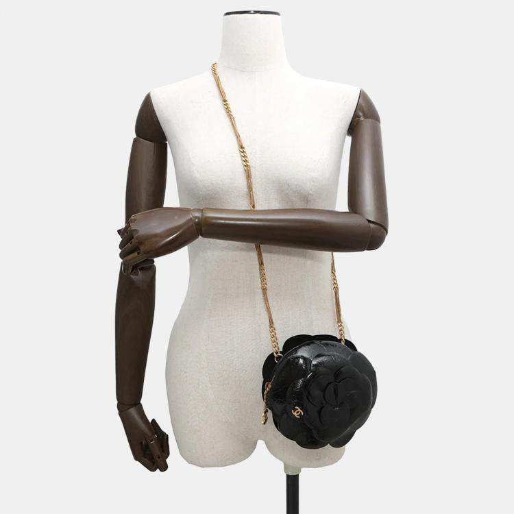 Pre Owned Chanel Camellia Evening Black Shiny Aged Calf Leather Chain Shoulder Bag