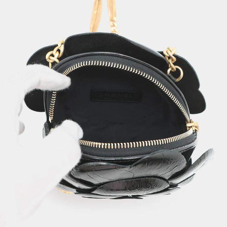 Pre Owned Chanel Camellia Evening Black Shiny Aged Calf Leather Chain Shoulder Bag