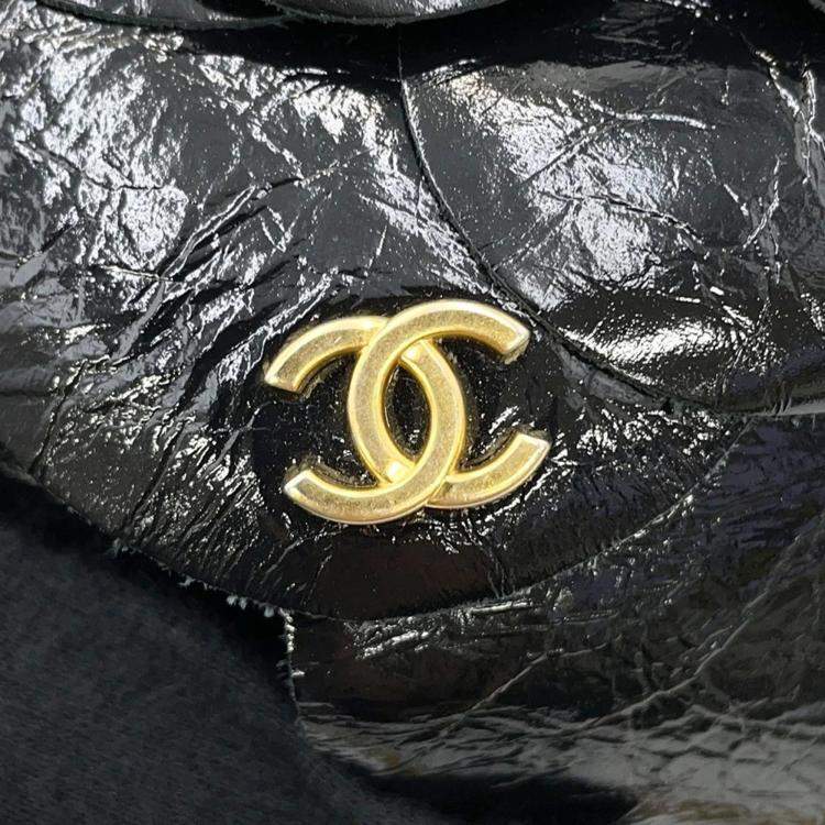 Pre Owned Chanel Camellia Evening Black Shiny Aged Calf Leather Chain Shoulder Bag