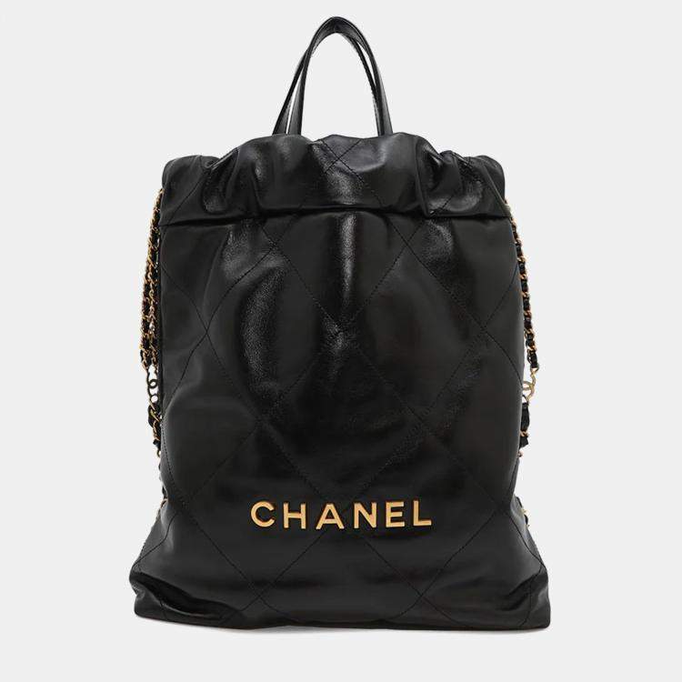 Pre Owned Chanel 22 Small Black Shiny Calf Leather Backpack