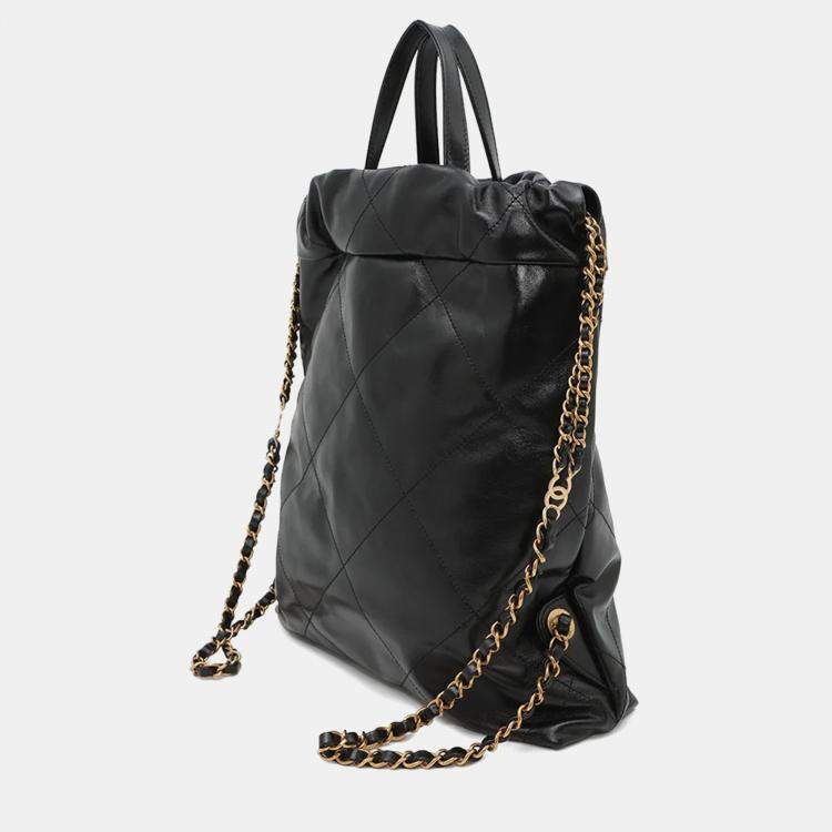 Pre Owned Chanel 22 Small Black Shiny Calf Leather Backpack