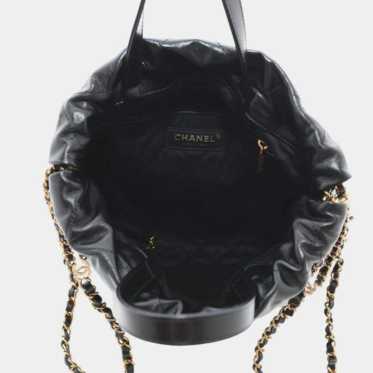 Pre Owned Chanel 22 Small Black Shiny Calf Leather Backpack