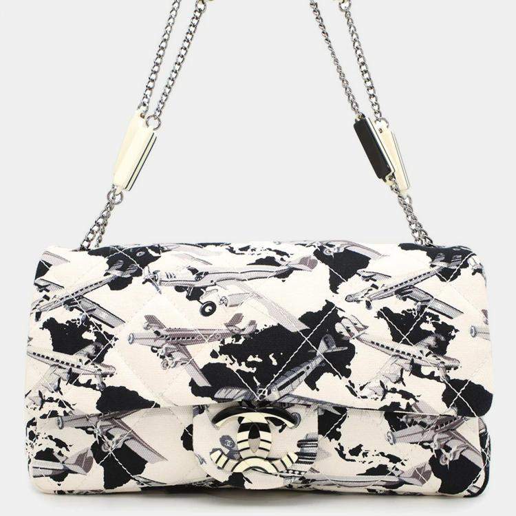 Pre Owned Chanel Airline Black White Canvas Plastic Chain Shoulder Bag