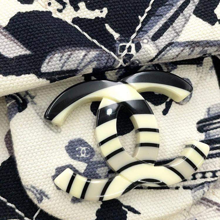 Pre Owned Chanel Airline Black White Canvas Plastic Chain Shoulder Bag