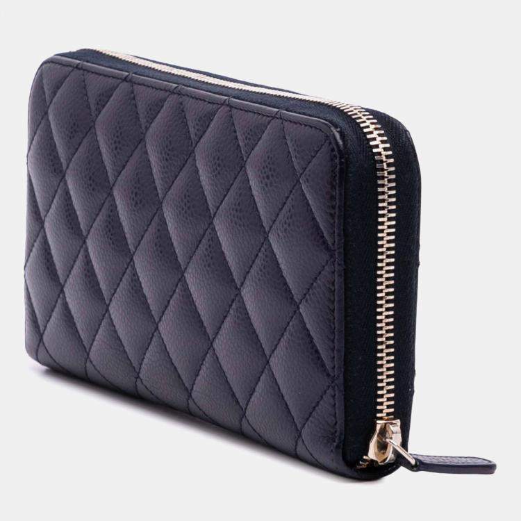 Pre Owned Chanel Blue CC Quilted Caviar Zip Around Long Wallet