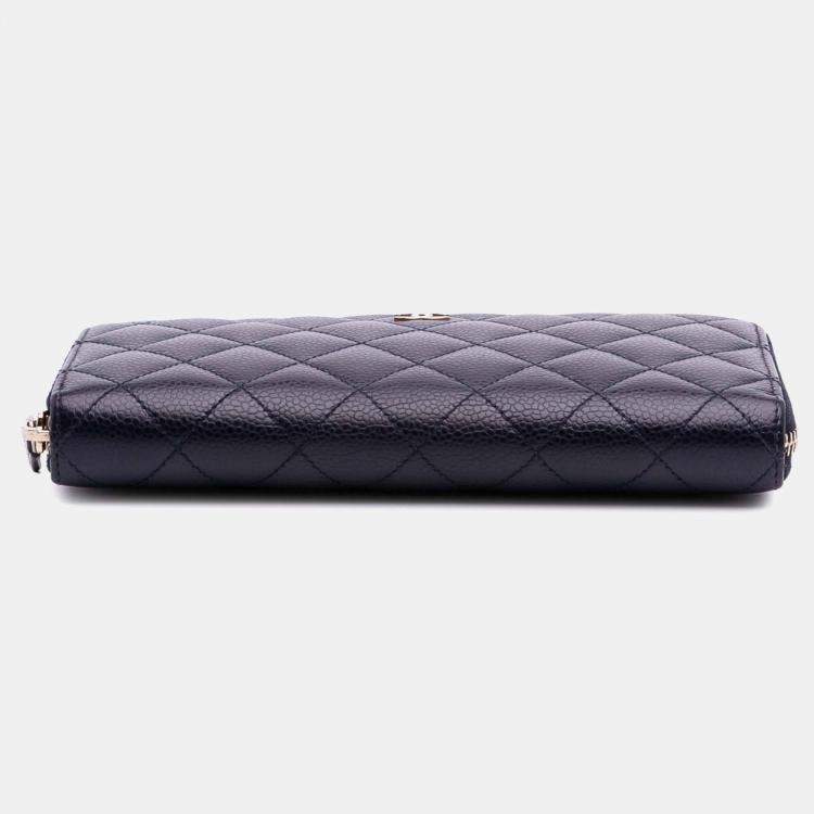 Pre Owned Chanel Blue CC Quilted Caviar Zip Around Long Wallet