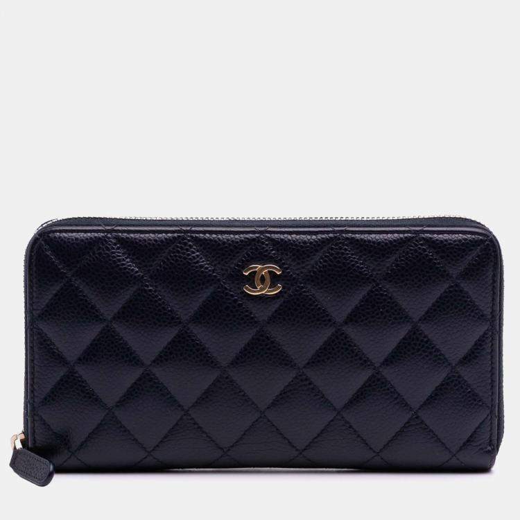 Pre Owned Chanel Blue CC Quilted Caviar Zip Around Long Wallet