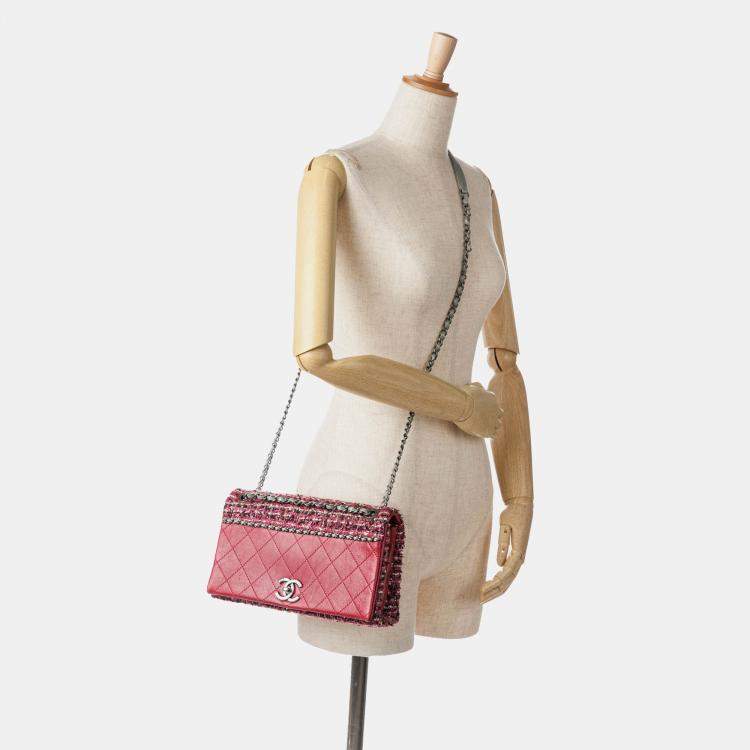 Pre Owned Chanel Red CC Lambskin and Tweed Flap Shoulder Bag