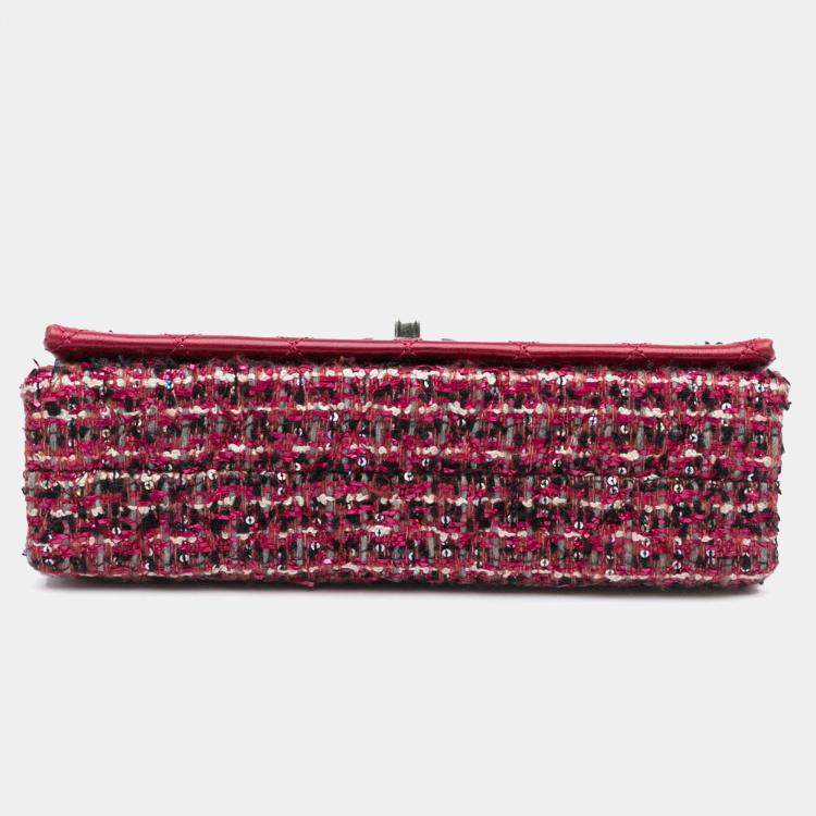 Pre Owned Chanel Red CC Lambskin and Tweed Flap Shoulder Bag