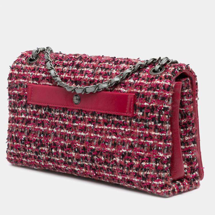Pre Owned Chanel Red CC Lambskin and Tweed Flap Shoulder Bag