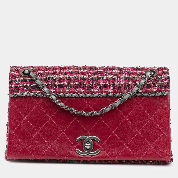 Pre Owned Chanel Red CC Lambskin and Tweed Flap Shoulder Bag
